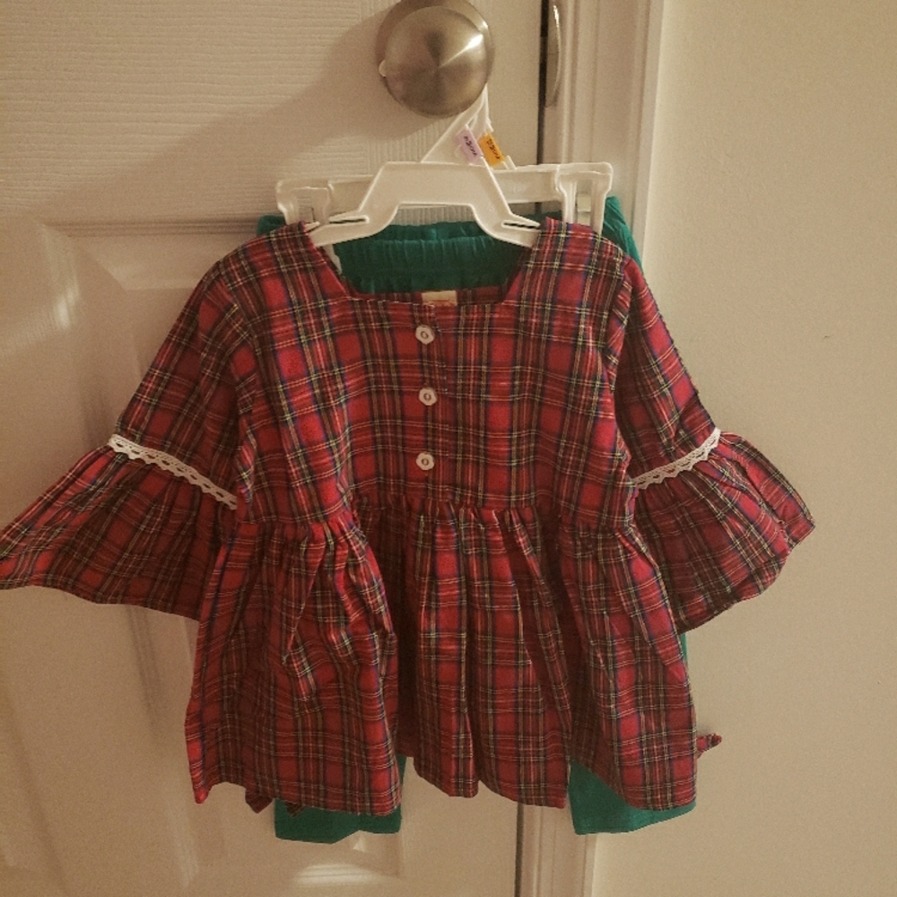 New Red Plaid Kids Shirt with Ruffle Sleeves and Green pants with plaid accent
